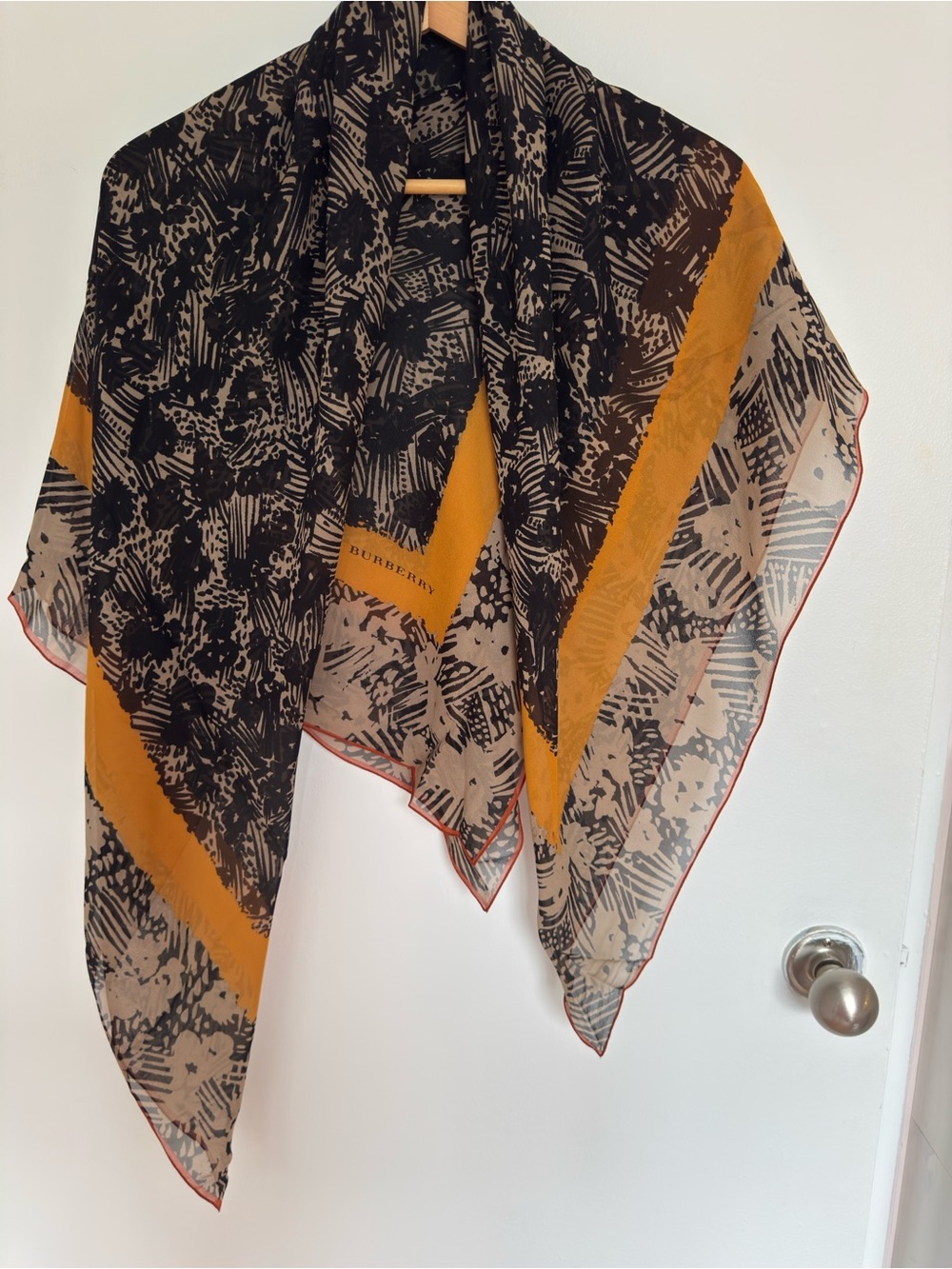 Authentic Burberry Black, Mustard & Beige Abstract Silk Scarf